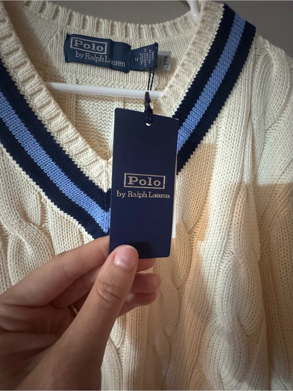 Polo by Ralph Lauren Cream Cable-Knit V-Neck Sweater with Blue Trim